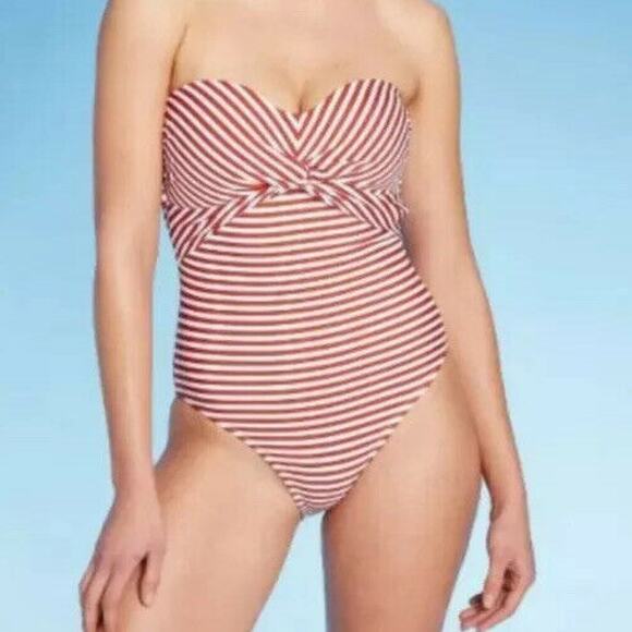 Swimsuit KONA SOL Red Stripe One Piece Strapless Swimsuit M 8-10 with Strap - Picture 1 of 12